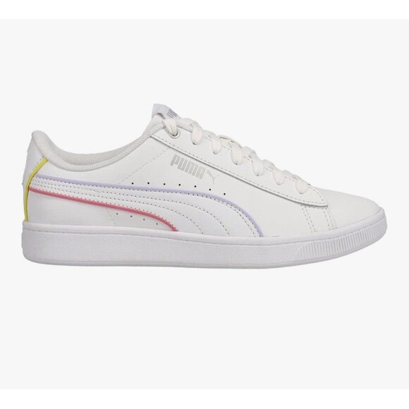 Puma Women’s Vikky 2 Sneaker In White W/Purple Pink Yellow Stripes Sz 8.5 - Picture 1 of 9